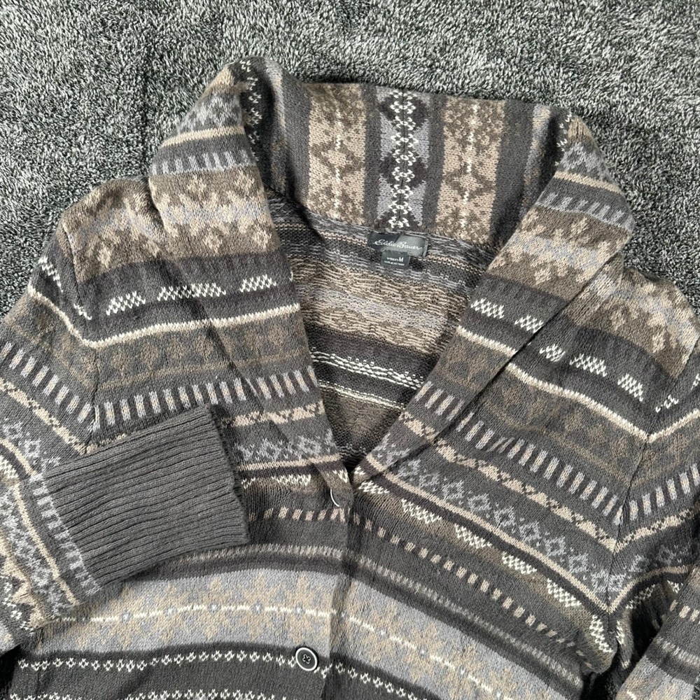 Eddie Bauer Cardigan Womens M Shawl Collar Brown Fair Isle Button Front Knit